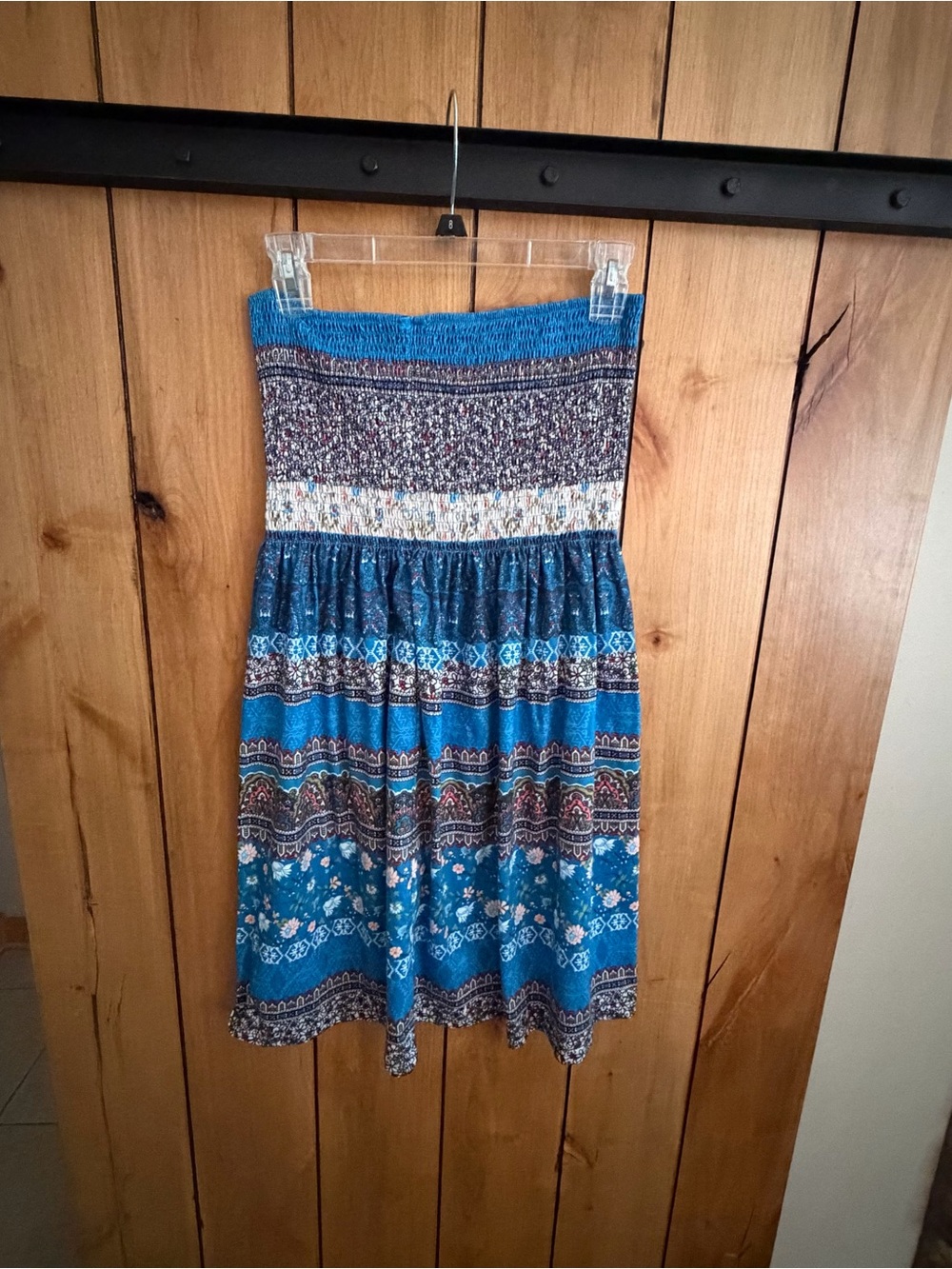 Blue Patterned Strapless Boho Dress